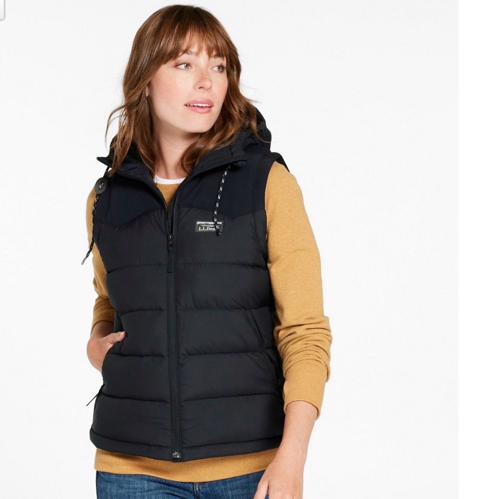 LL BEAN Women's Mountain Classic Hooded Down Vest, Black, XS EUC